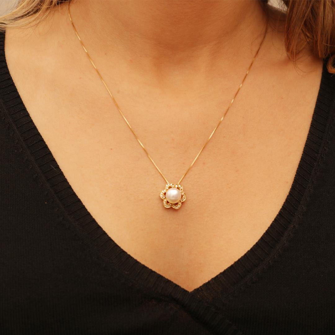 GARGANTILHA FLOR DE PÉROLA E DIAMANTES - OA