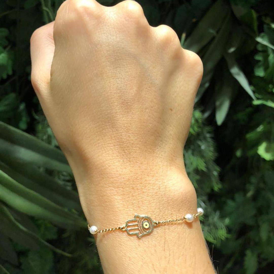 PULSEIRA MÃO DE FÁTIMA E PÉROLAS 18 CM - OA