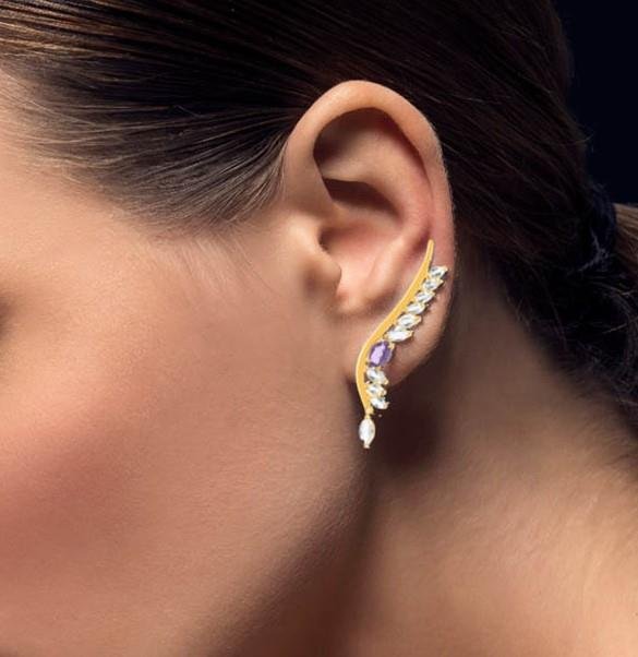 BRINCO LIBERTAD EAR CUFF COM AMETISTA E CRISTAIS - OA