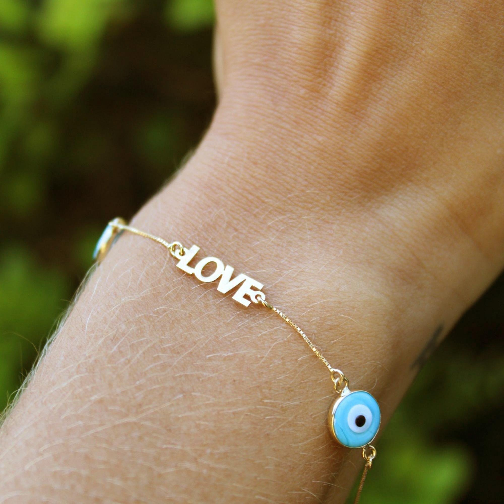 PULSEIRA LOVE E OLHO GREGO AZUL TURQUESA - OA