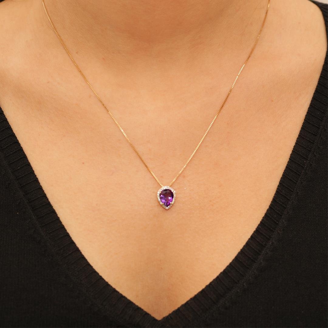 GARGANTILHA AMETISTA GOTA INVERTIDA - DIAMANTES - 45CM V27 COM AJUSTE - OA