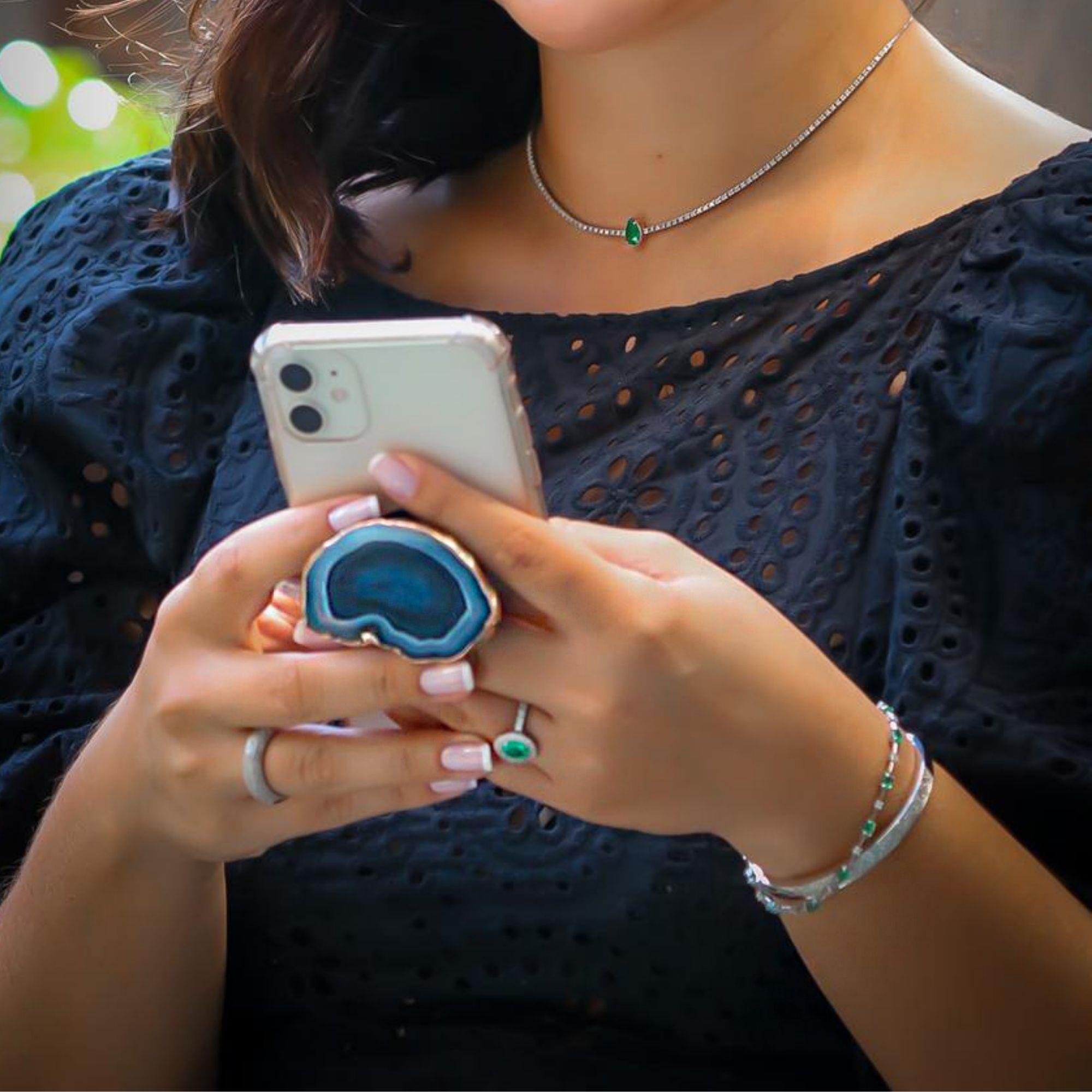 SUPORTE PHONE GRIP - AGATA AZUL - BANHO DE OURO